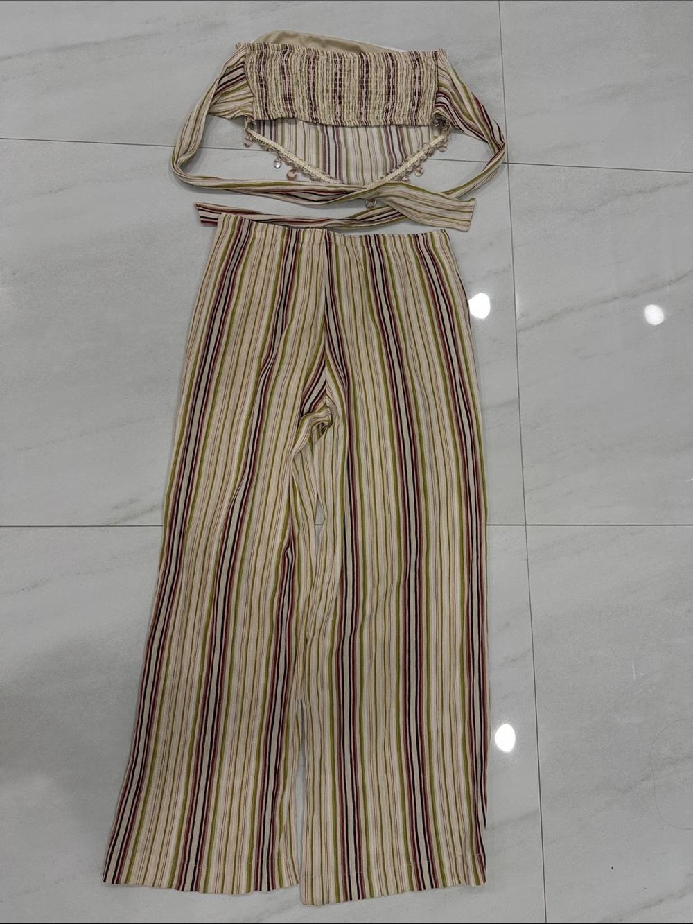 Striped Wide-Leg Pull-On Pants and crop top in Beige and Olive - Picture 2 of 3